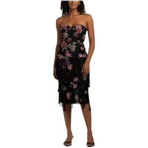 MAC DUGGAL Strapless Floral Embroidered Fringe Cocktail Dress